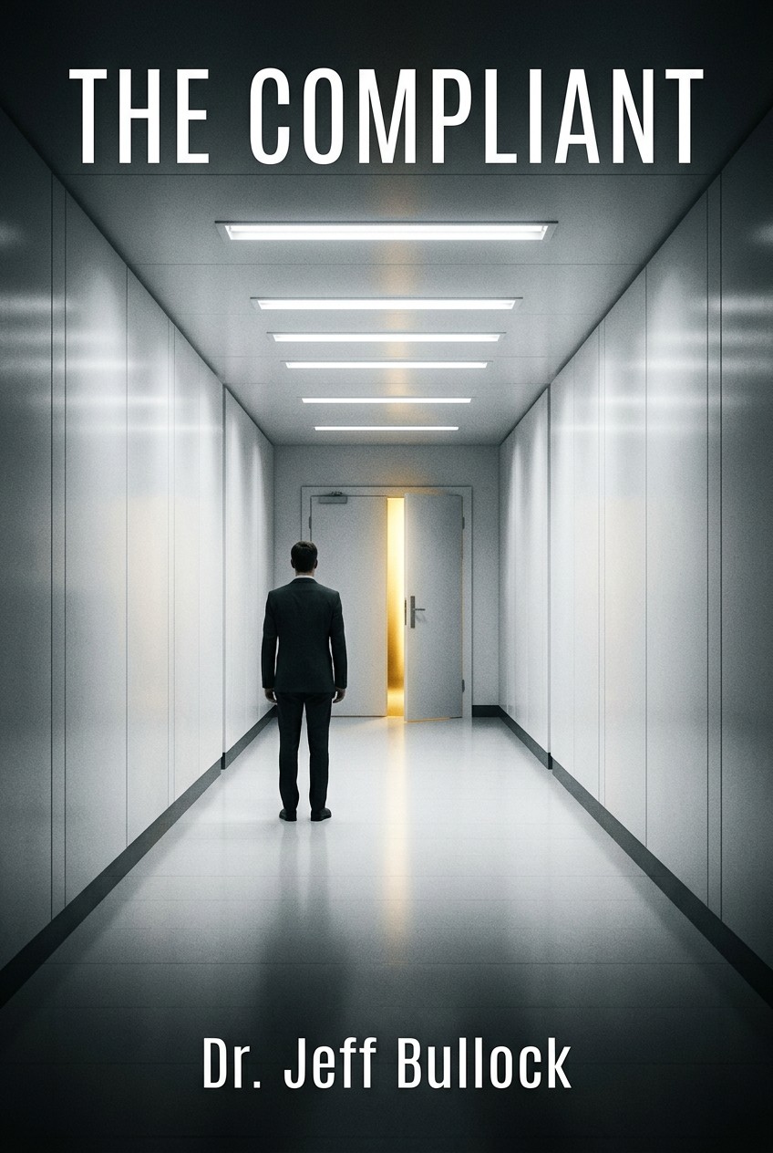 The Compliant, a novel by Dr. Jeff Bullock, front cover: a lone man in a corridor facing a door edged with warm light